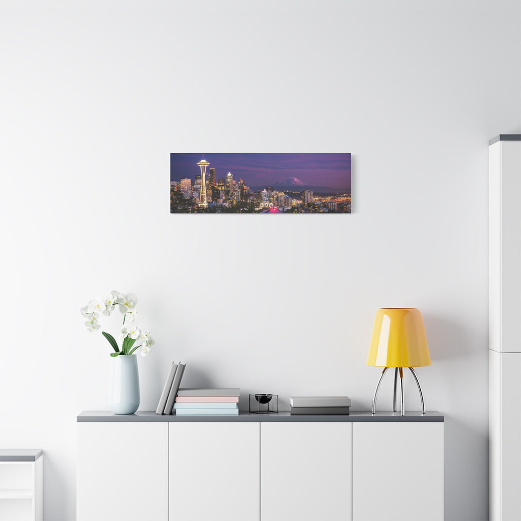 Seattle Skyline at Dusk Classic Stretched Canvas | Space Needle, Mount Rainier Panorama