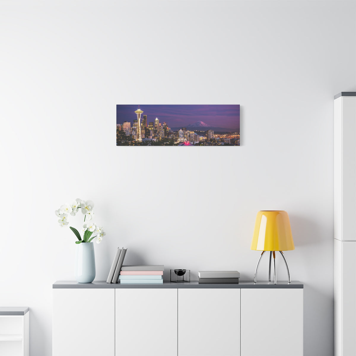 Seattle Skyline at Dusk Classic Stretched Canvas | Space Needle, Mount Rainier Panorama