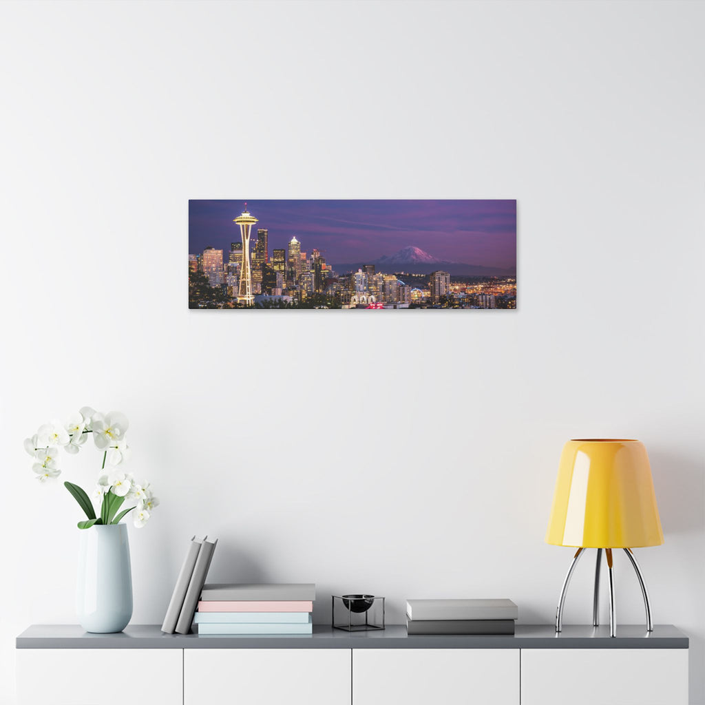Seattle Skyline at Dusk Classic Stretched Canvas | Space Needle, Mount Rainier Panorama