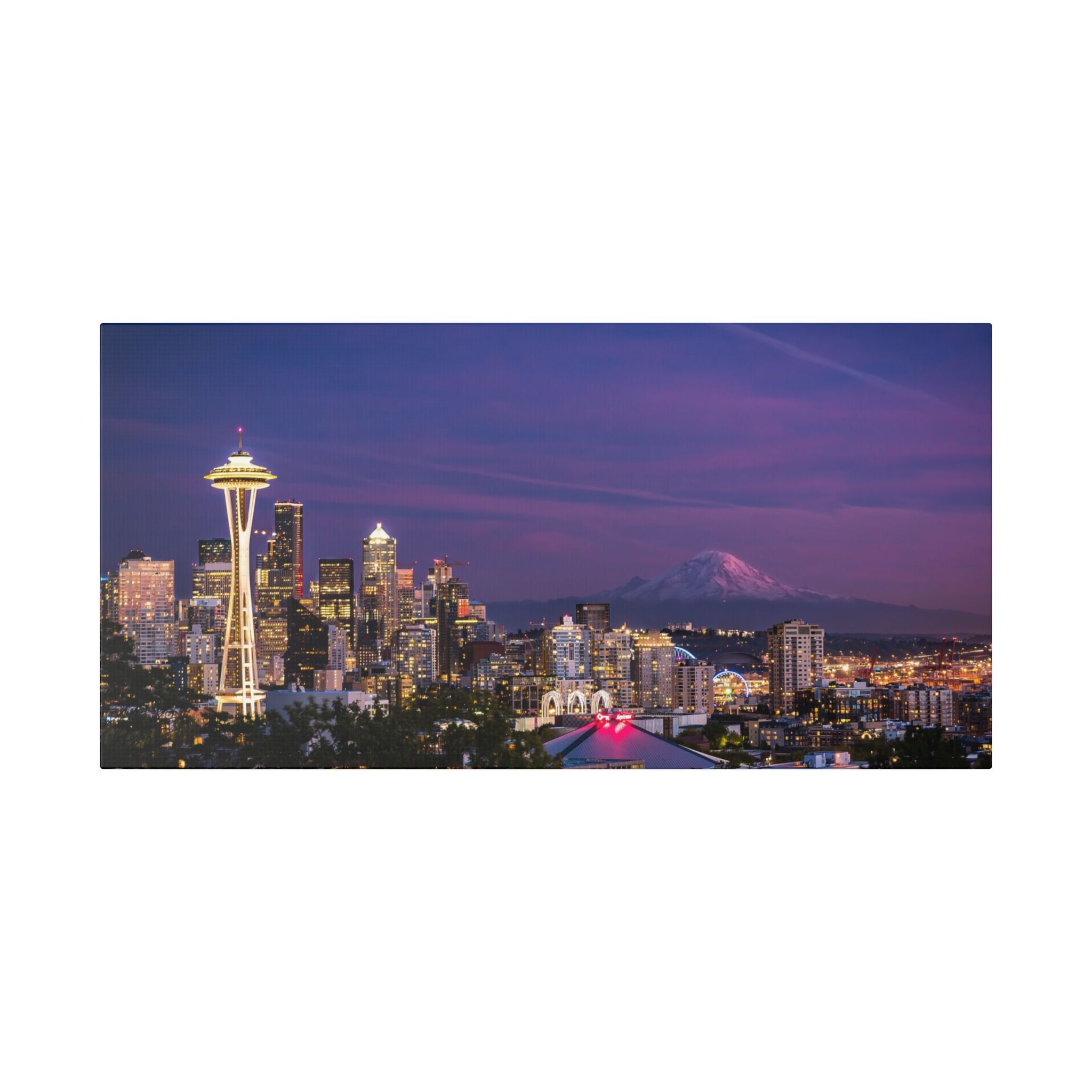 Seattle Skyline at Dusk Classic Stretched Canvas | Space Needle, Mount Rainier Panorama