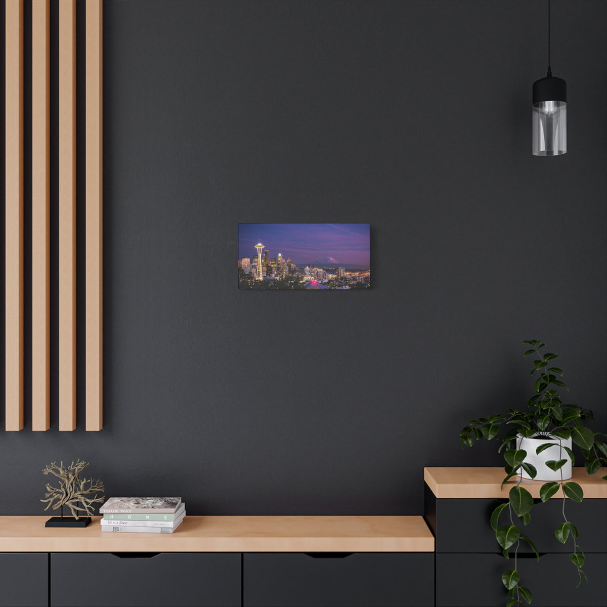 Seattle Skyline at Dusk Classic Stretched Canvas | Space Needle, Mount Rainier Panorama