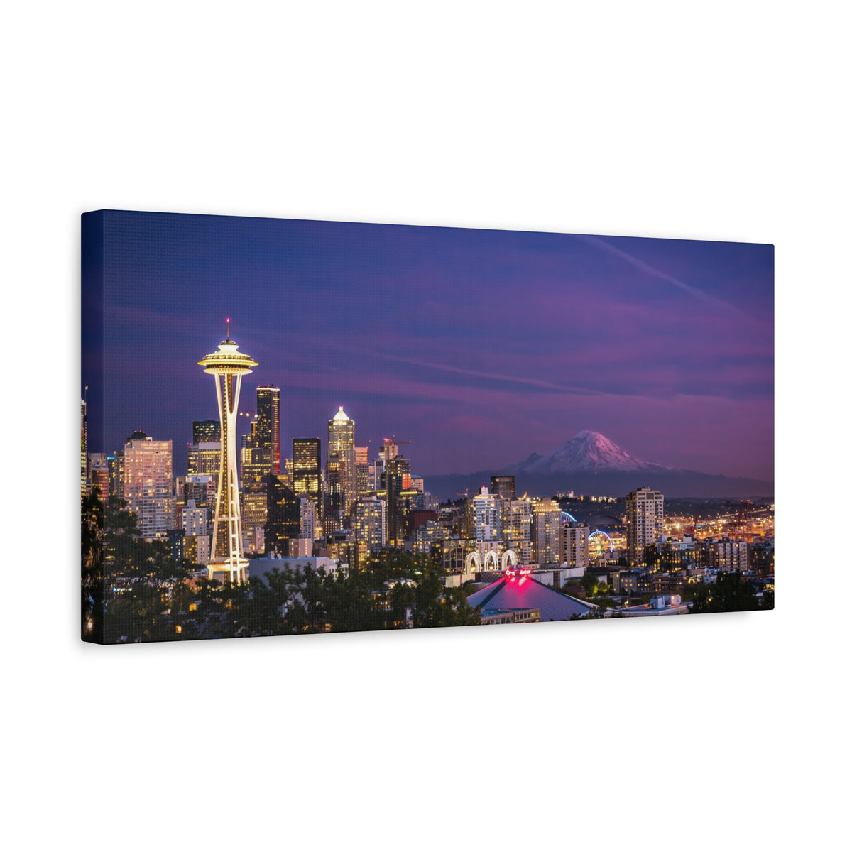Seattle Skyline at Dusk Classic Stretched Canvas | Space Needle, Mount Rainier Panorama