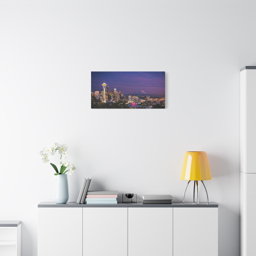 Seattle Skyline at Dusk Classic Stretched Canvas | Space Needle, Mount Rainier Panorama