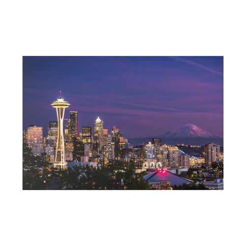 Seattle Skyline at Dusk Classic Stretched Canvas | Space Needle, Mount Rainier Panorama