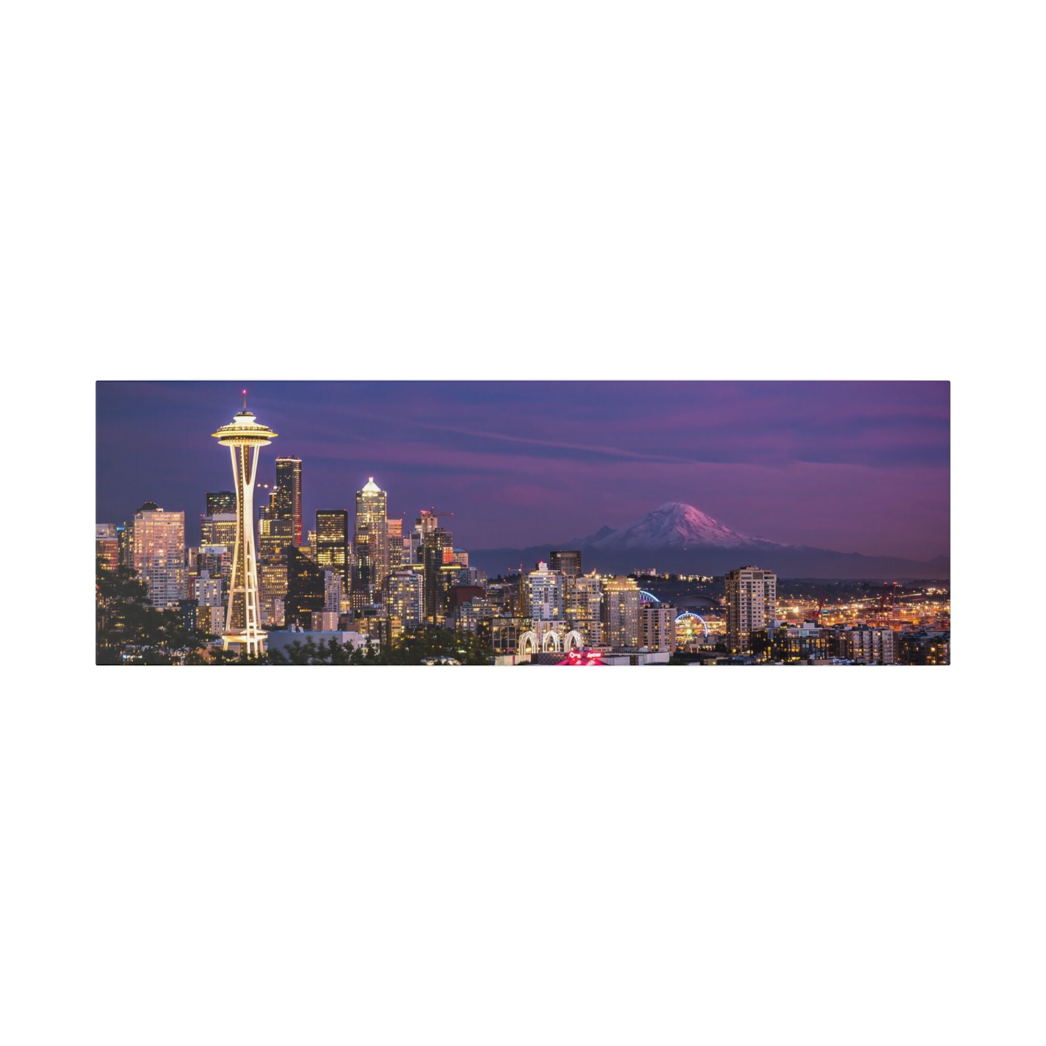 Seattle Skyline at Dusk Classic Stretched Canvas | Space Needle, Mount Rainier Panorama