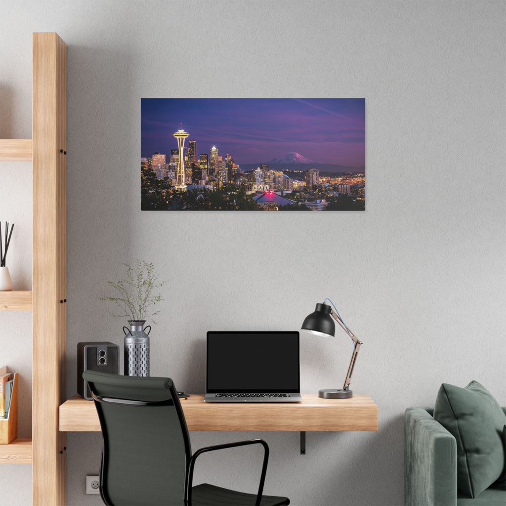 Seattle Skyline at Dusk Classic Stretched Canvas | Space Needle, Mount Rainier Panorama