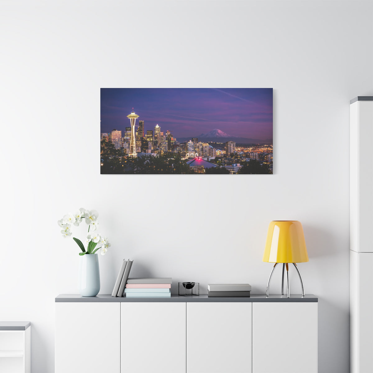 Seattle Skyline at Dusk Classic Stretched Canvas | Space Needle, Mount Rainier Panorama