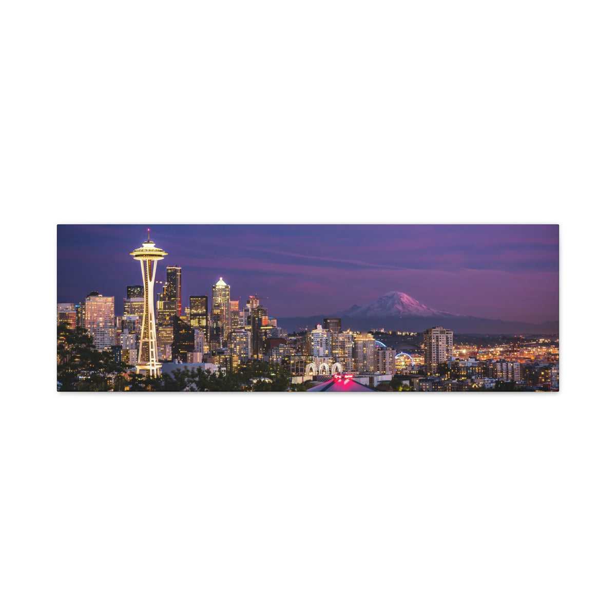Seattle Skyline at Dusk Classic Stretched Canvas | Space Needle, Mount Rainier Panorama