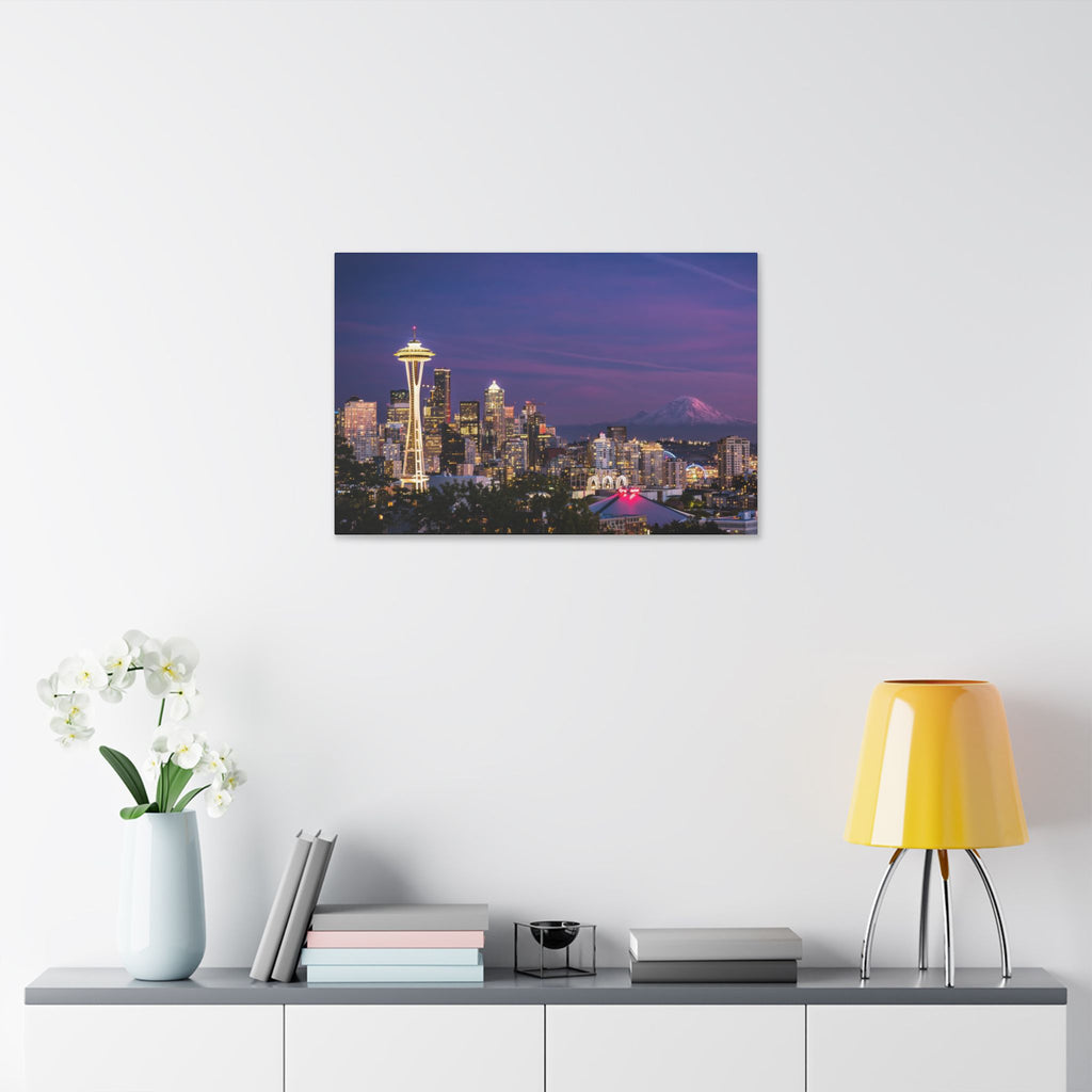 Seattle Skyline at Dusk Classic Stretched Canvas | Space Needle, Mount Rainier Panorama