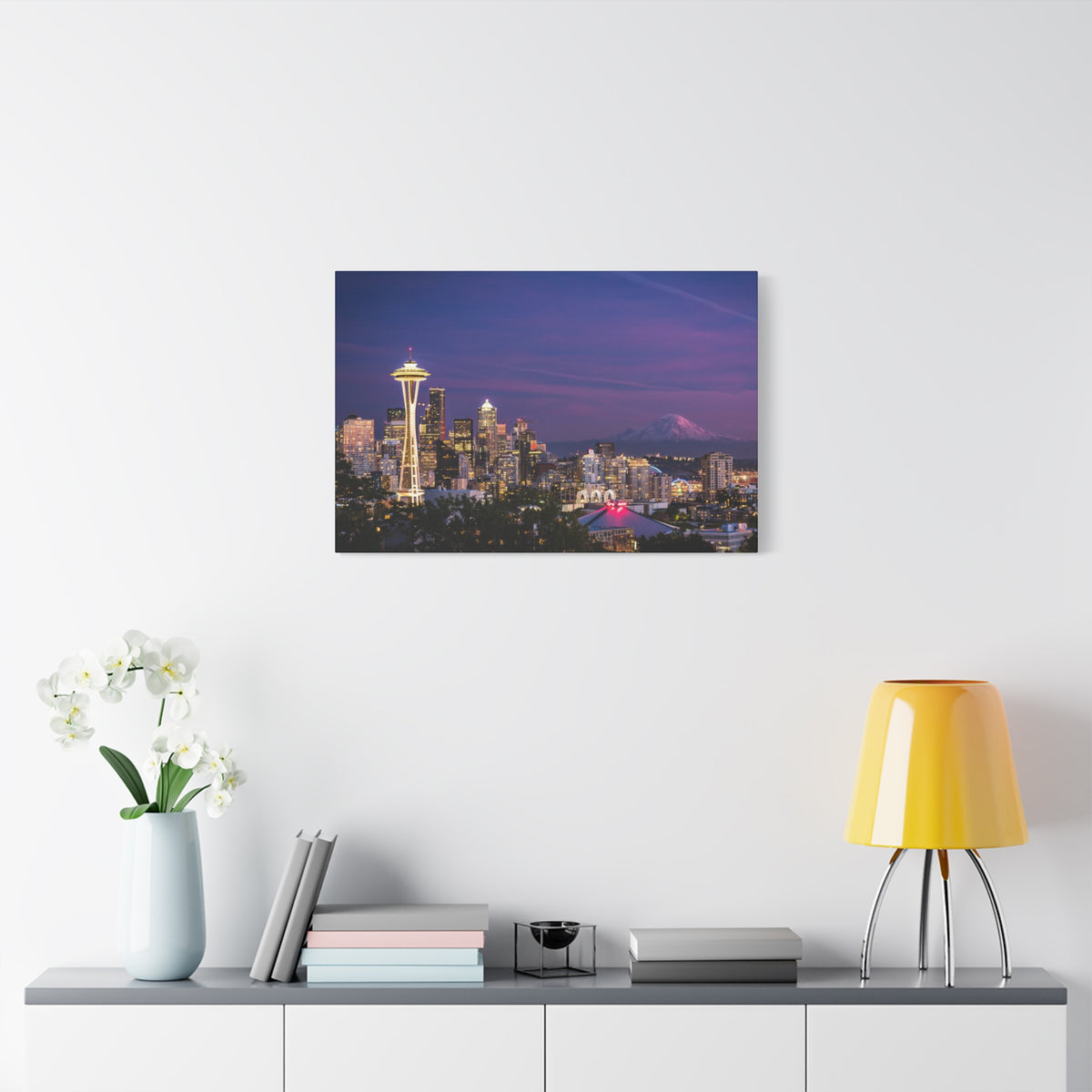 Seattle Skyline at Dusk Classic Stretched Canvas | Space Needle, Mount Rainier Panorama