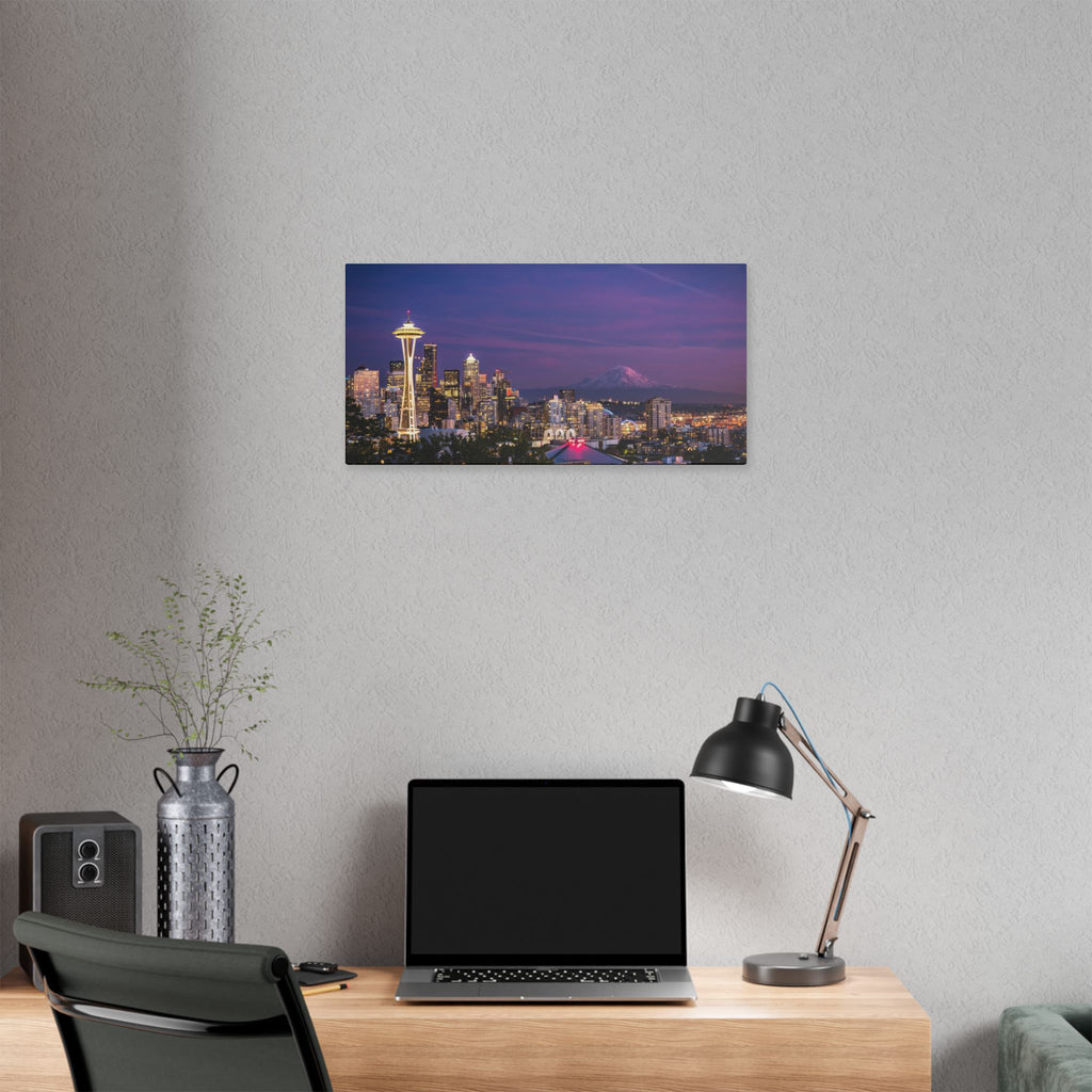 Seattle Skyline at Dusk Classic Stretched Canvas | Space Needle, Mount Rainier Panorama