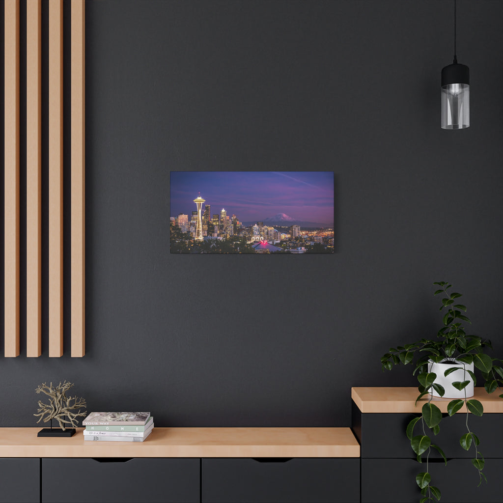 Seattle Skyline at Dusk Classic Stretched Canvas | Space Needle, Mount Rainier Panorama