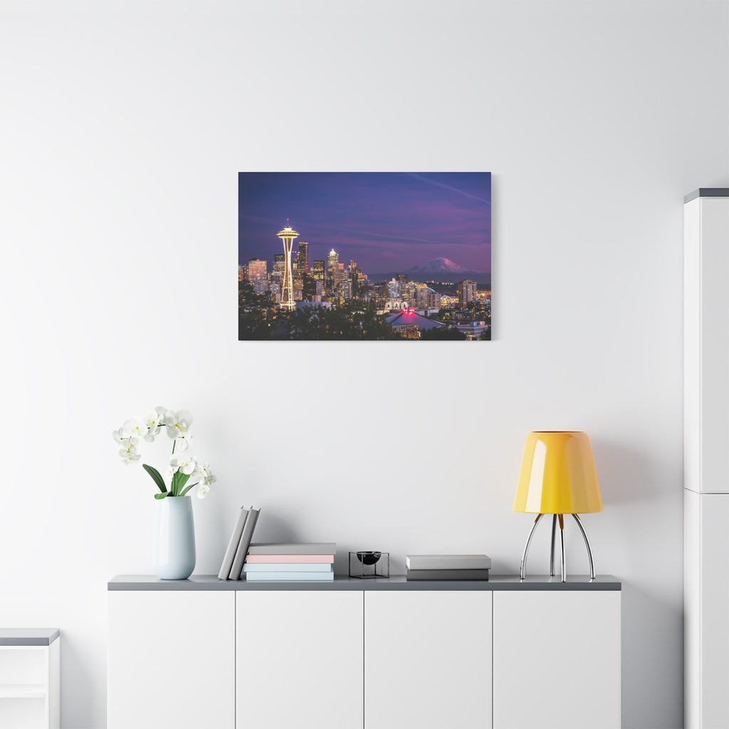 Seattle Skyline at Dusk Classic Stretched Canvas | Space Needle, Mount Rainier Panorama