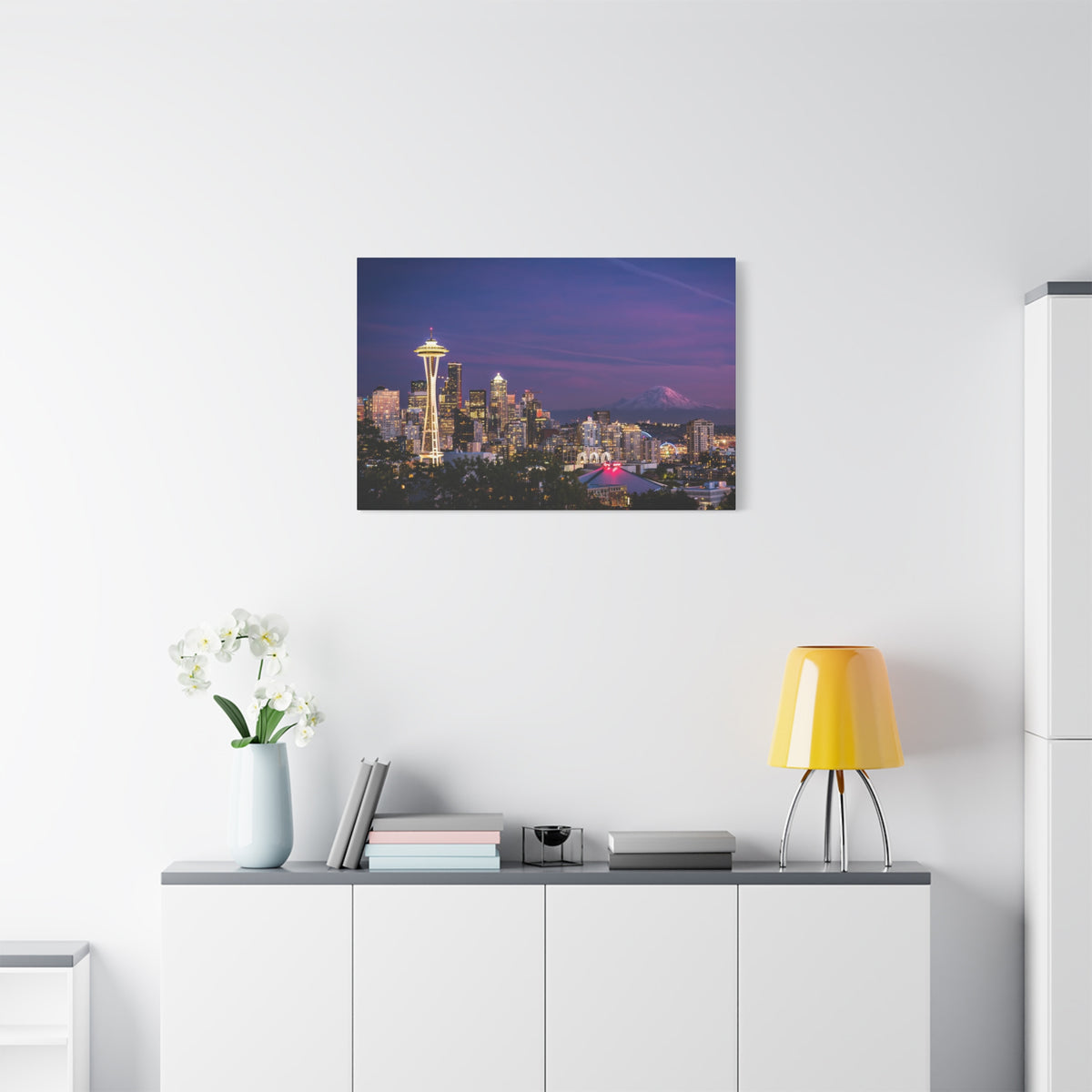 Seattle Skyline at Dusk Classic Stretched Canvas | Space Needle, Mount Rainier Panorama