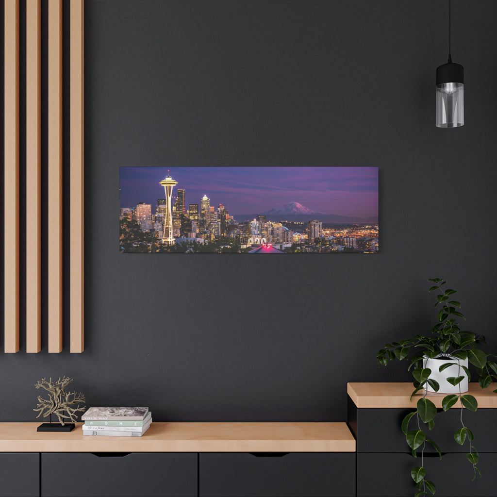 Seattle Skyline at Dusk Classic Stretched Canvas | Space Needle, Mount Rainier Panorama