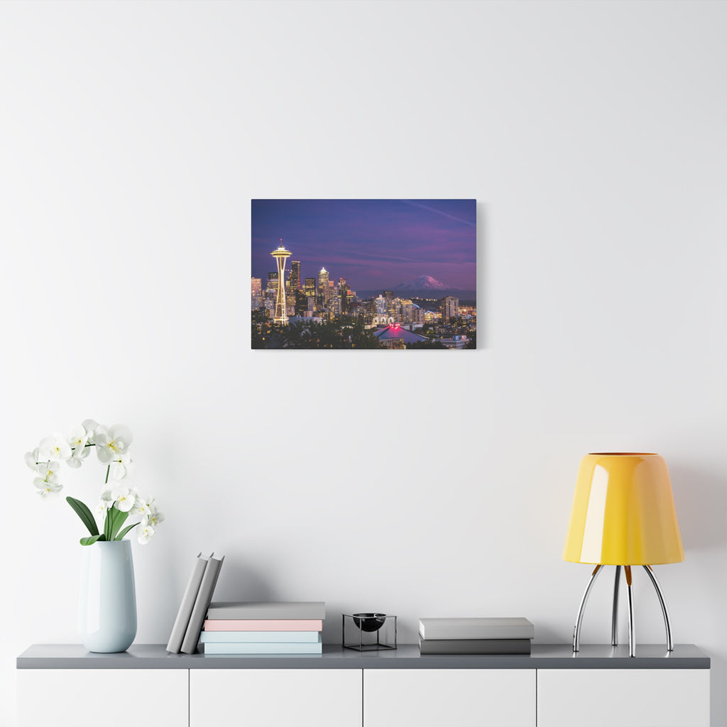 Seattle Skyline at Dusk Classic Stretched Canvas | Space Needle, Mount Rainier Panorama