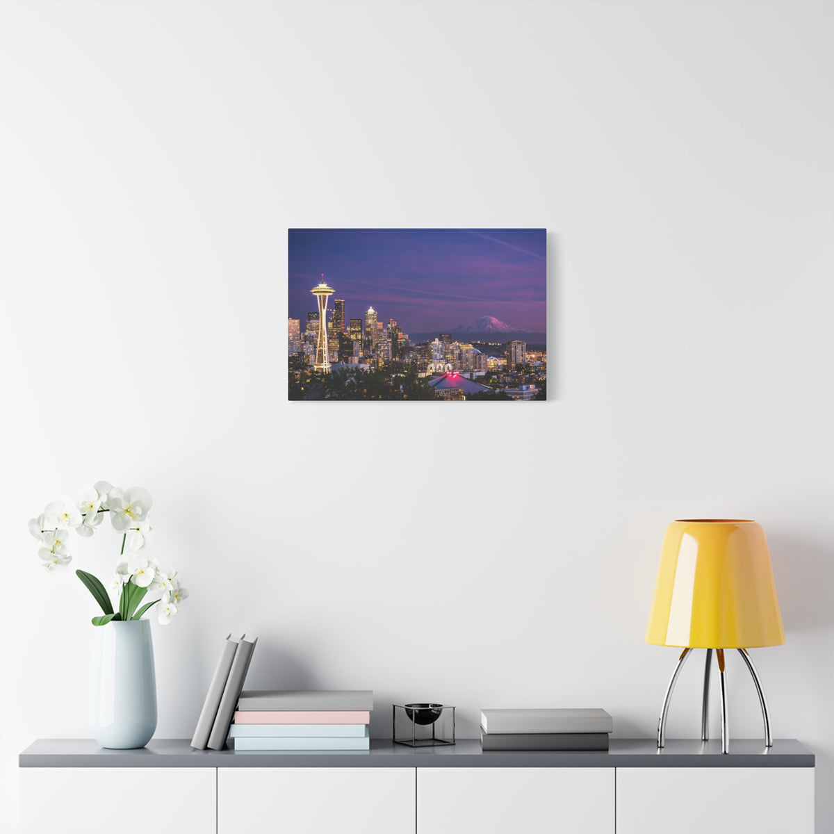 Seattle Skyline at Dusk Classic Stretched Canvas | Space Needle, Mount Rainier Panorama