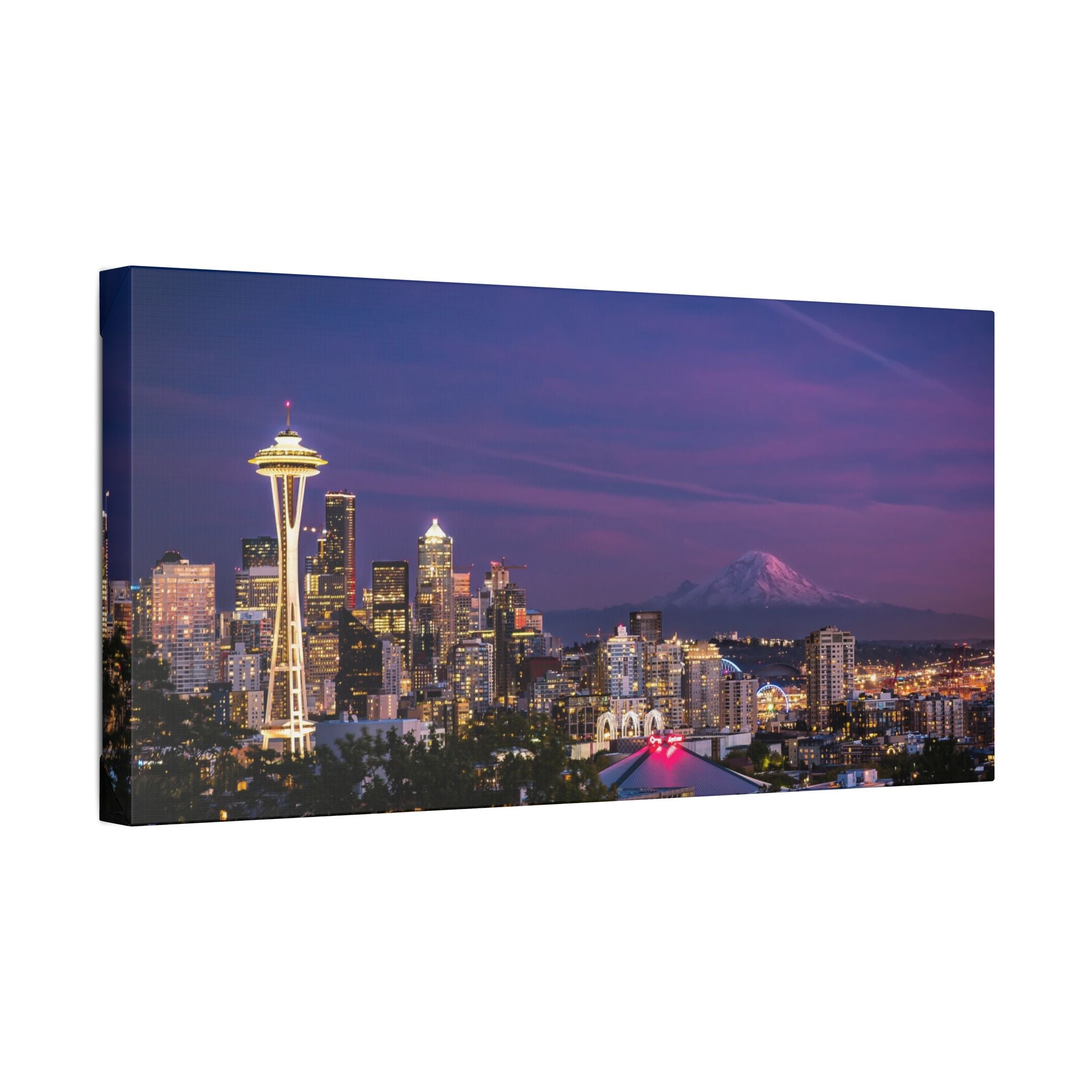 Seattle Skyline at Dusk Classic Stretched Canvas | Space Needle, Mount Rainier Panorama